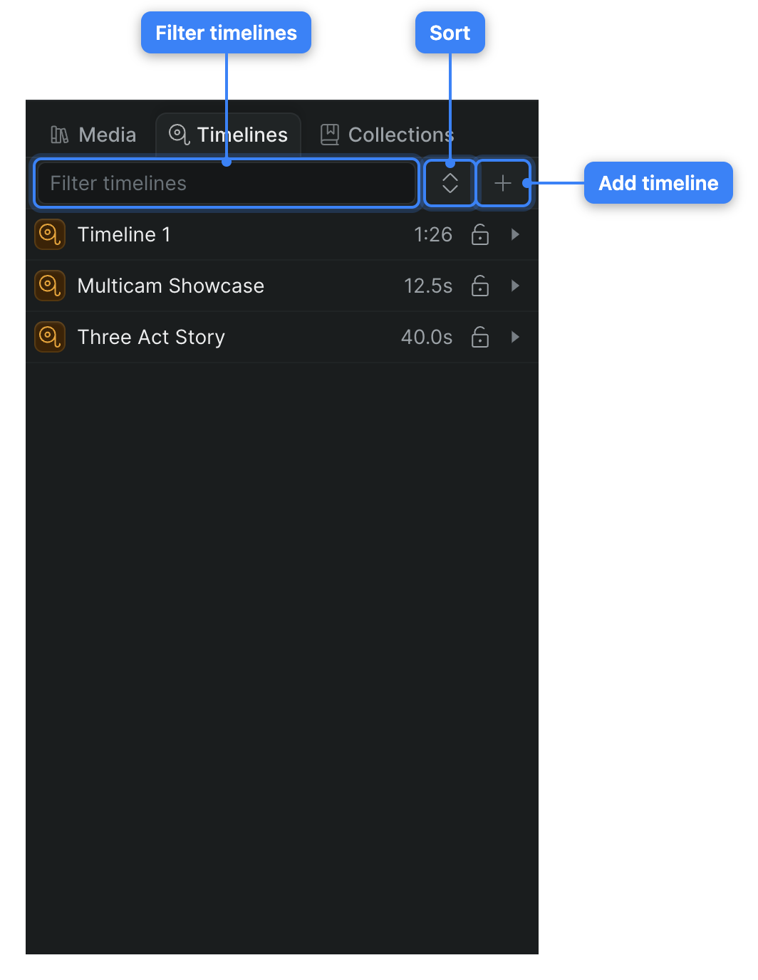 The Timelines tab showing a project's storytree: a control bar with a filter field, a sort control, and an add button, above a list of timeline rows.