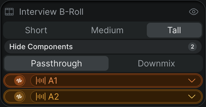 The Inspector Info tab for a selected nested timeline clip, with the Audio combine setting for Passthrough or Downmix.