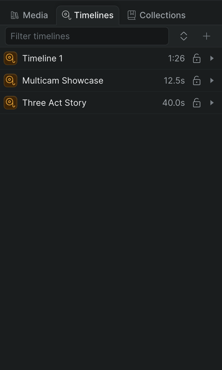 The Timelines tab storytree, showing a project's timelines with nested timelines listed beneath the ones that contain them.