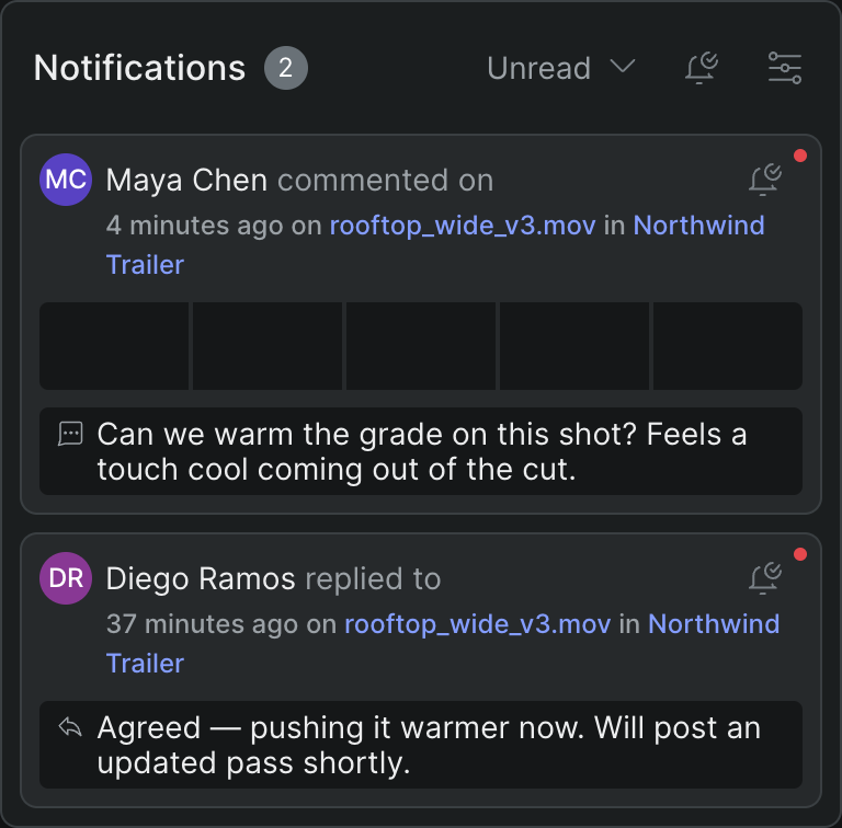 The open Notifications panel with a column of cards — a 'commented on' and a 'replied to' note, one showing a strip of library frames — above the Unread/Read filter and the Mark all as read control.