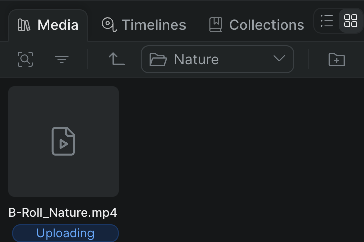 The library in grid view showing thumbnail cards, with the folder-path breadcrumb and the 'Go up one level' control at the top of the control bar.