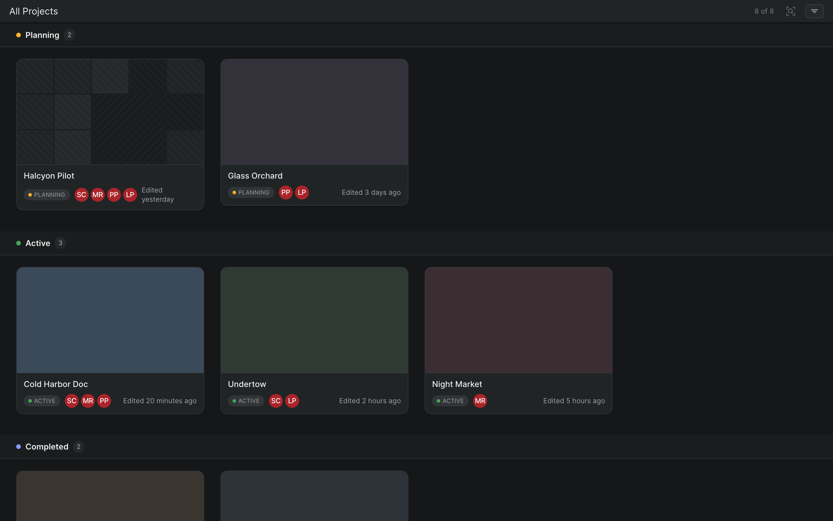 The All Projects wall — every project shown as a card, grouped by status.
