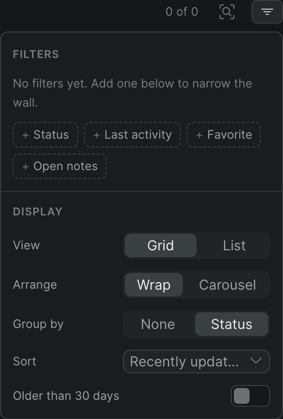 The Filter & display popover open, showing the Filters section, the Grid/List View toggle, Wrap/Carousel Arrange, Group by, a Sort dropdown, and the Older than 30 days switch.