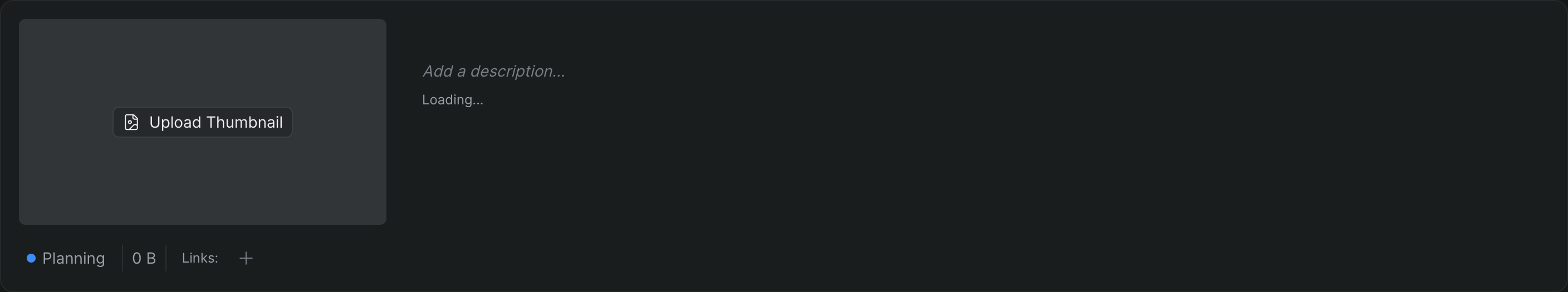 The project overview header showing the thumbnail, editable title and description, project status, owner, storage size, and links.