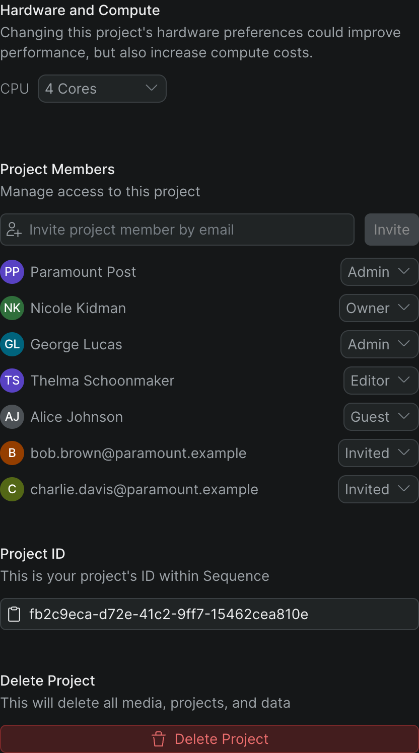 The Settings tab, with hardware and compute, project members, the project ID, and the delete control.