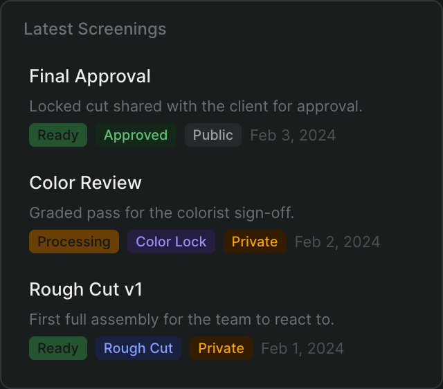 The Latest Screenings list on the project overview, showing the three most recent screenings.