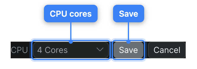 The Hardware and Compute control with a core count chosen in the CPU dropdown and the Save and Cancel buttons revealed after the change.