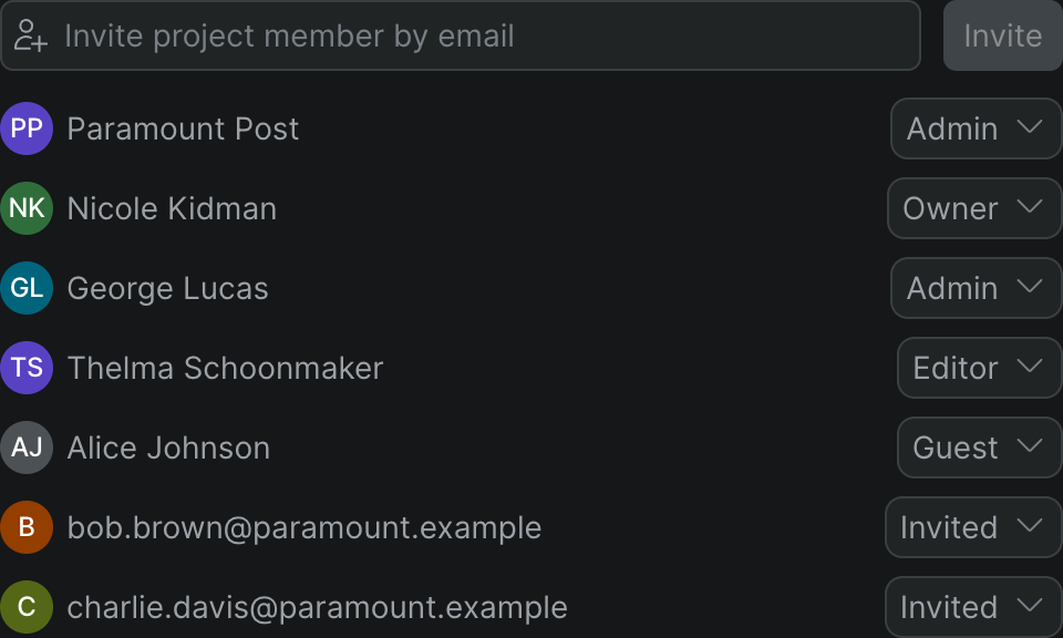 The Project Members control on the project Settings page: an invite-by-email field with an Invite button, the workspace row, project members with per-person role dropdowns, and a pending Invited row.