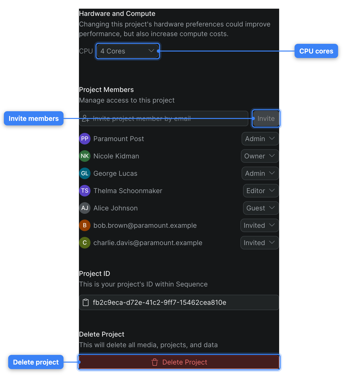The project Settings tab — hardware and compute, project members, the project ID, and Delete Project.