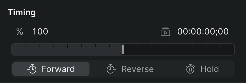 The full Timing module: its header, a speed percentage field, a duration field beside it, a speed slider below them, and the Forward, Reverse, and Hold playback-mode buttons.