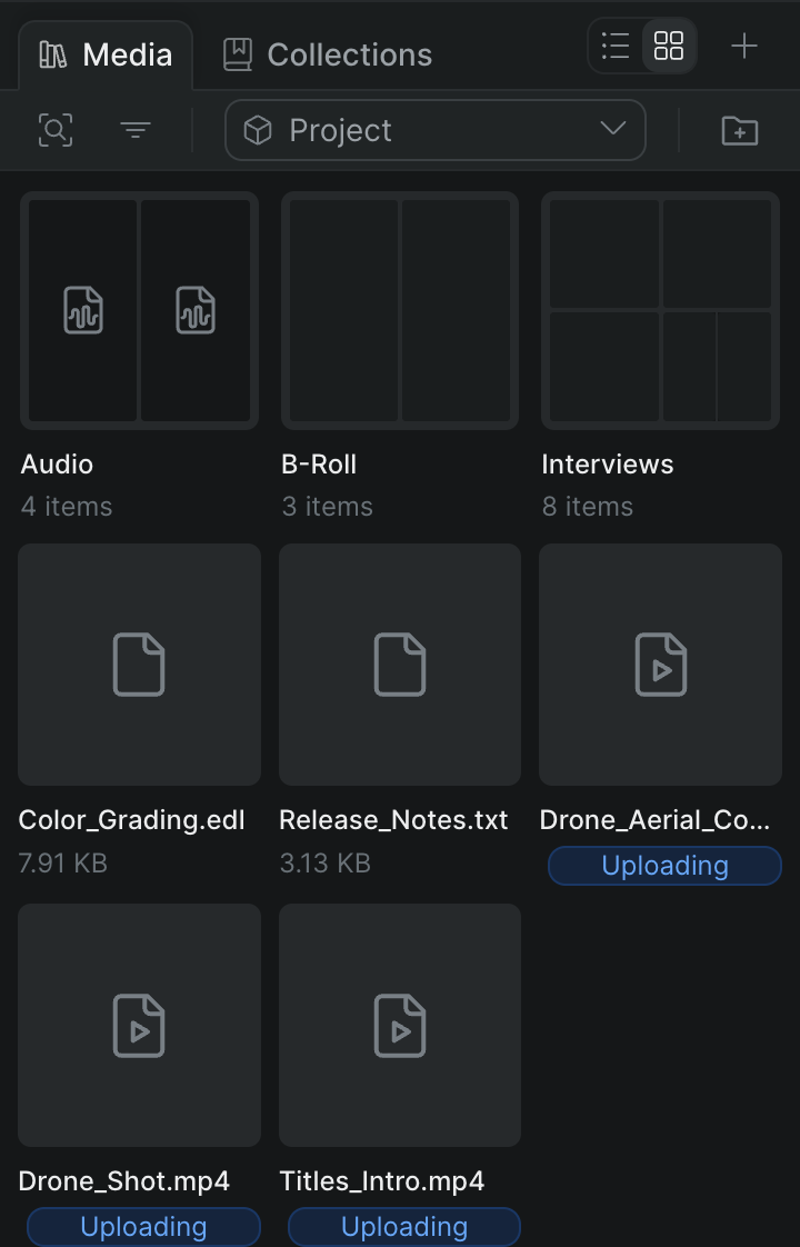 The in-project Review app showing the library browser beside the screenings list, preview player, and comments panel.