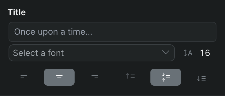 The Title module in the inspector, with text entry and controls for font, size, alignment, fill, and stroke.