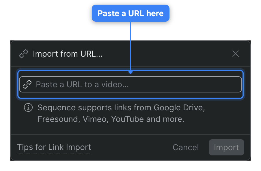 The Import from URL dialog, with the 'Paste a URL to a video…' input where you paste the link and the Import button beside it.
