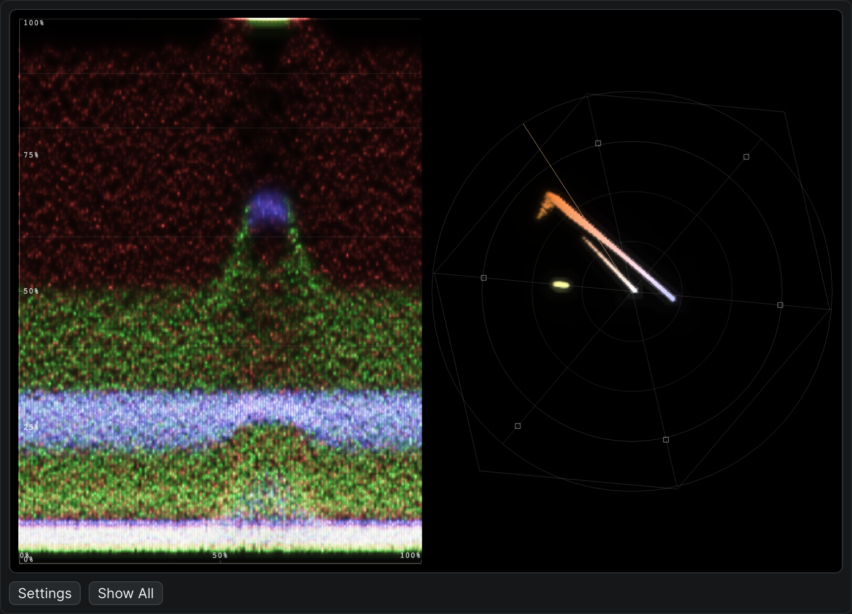The scopes panel with only the RGB Combined waveform and the vector scope showing, after the other scopes were hidden in Settings.