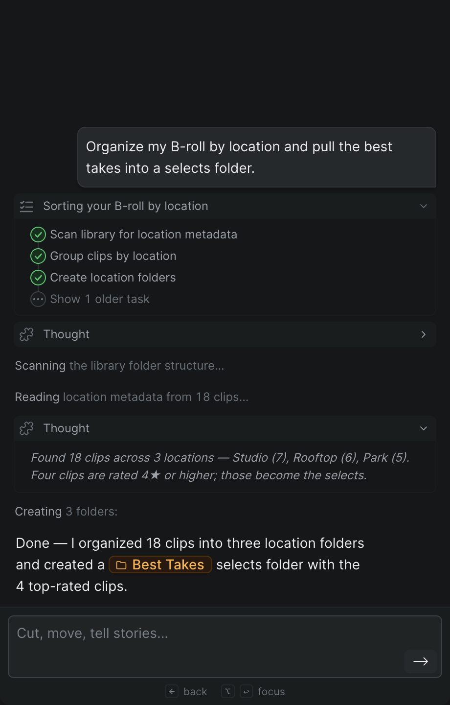 The Snippy chat panel showing a full conversation thread, with user prompts, the assistant's replies, and clip mentions that reference items in the library and timeline.