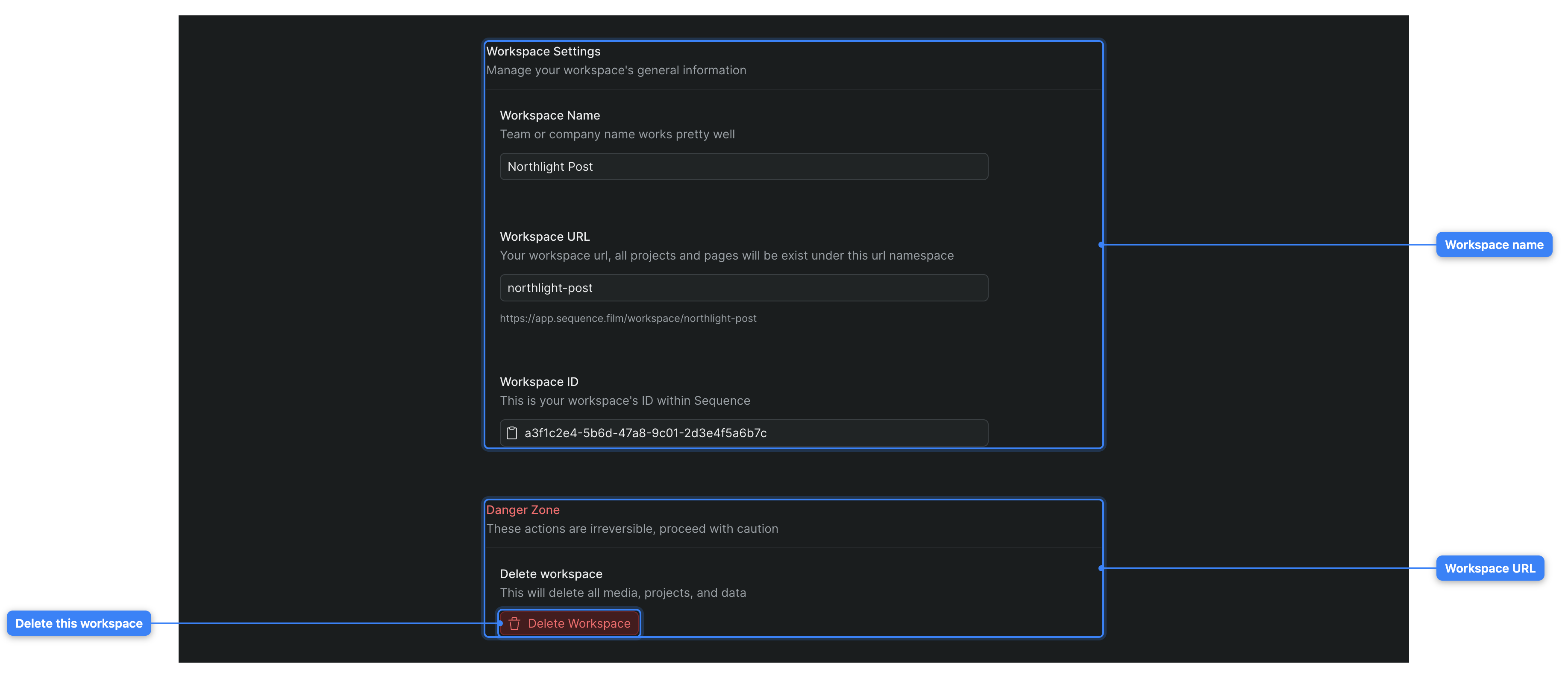 The workspace General settings — the workspace name, the workspace URL, the workspace ID, and the Delete Workspace control.