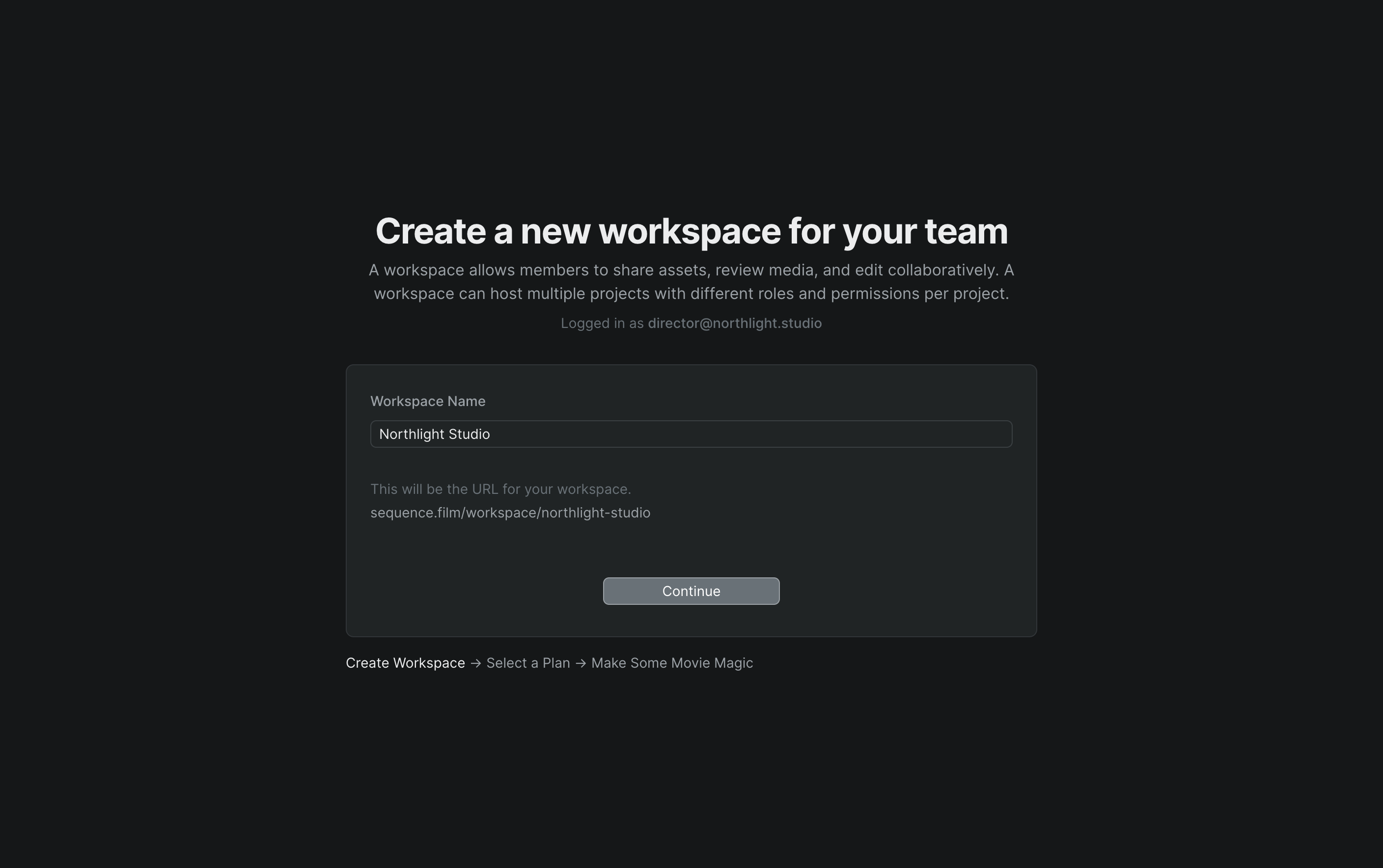 The new-workspace page with a studio name typed into Workspace Name and the generated URL preview shown below the field.